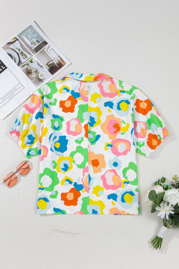 Green Abstract Leopard Short Sleeve Pop of Color Neckline Blouse