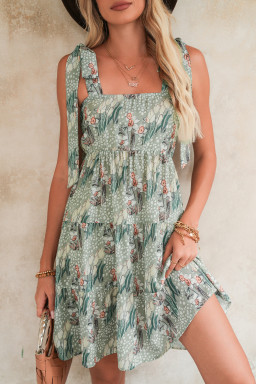 Green Floral Knotted Strap Smocked Tiered Mini Dress