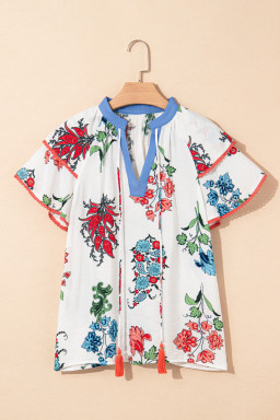 White Floral Tassel Tie V-Neck Lace Trim Ruffle Blouse