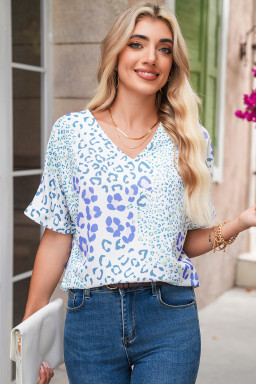 Sky Blue Leopard Print V Neck Short Sleeve Blouse