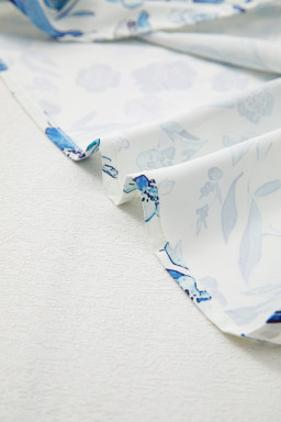 Sky Blue Ruffle Short Sleeve Floral Print Pop of Color Neckline Blouse