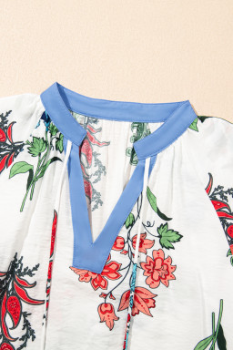 White Floral Tassel Tie V-Neck Lace Trim Ruffle Blouse