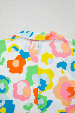 Green Abstract Leopard Short Sleeve Pop of Color Neckline Blouse