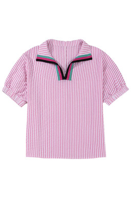 Sachet Pink Striped Dolman Sleeve Pop of Color Neckline Blouse