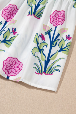 White Floral Ruffle Hem Pop of Color Neckline Dress