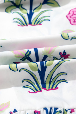 White Floral Ruffle Hem Pop of Color Neckline Dress