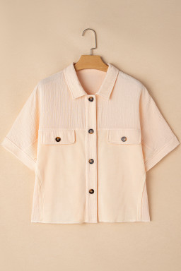 Beige Waffle Crinkle Patchwork Short Batwing Sleeve Shirt