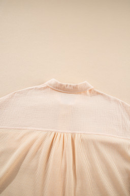Beige Waffle Crinkle Patchwork Short Batwing Sleeve Shirt