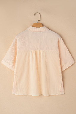 Beige Waffle Crinkle Patchwork Short Batwing Sleeve Shirt