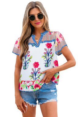 Pink Floral Striped Patchwork Short Sleeve Split Neck Blouse