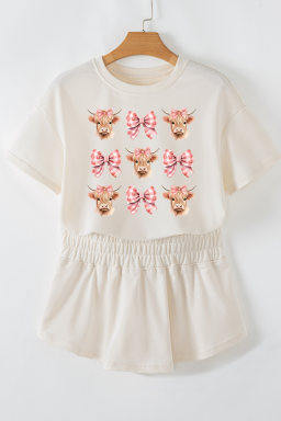 Beige Cows and Bows Cropped Tee and Skort Set