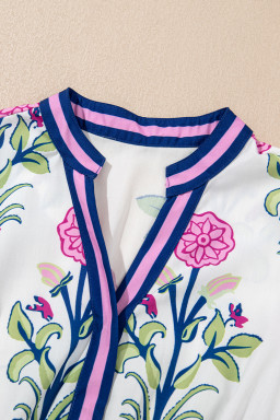 White Floral Ruffle Hem Pop of Color Neckline Dress