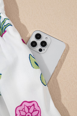 White Floral Ruffle Hem Pop of Color Neckline Dress