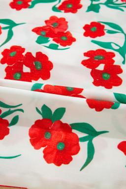 Red Floral Print Ruffle Puff Sleeve Summer Shirt