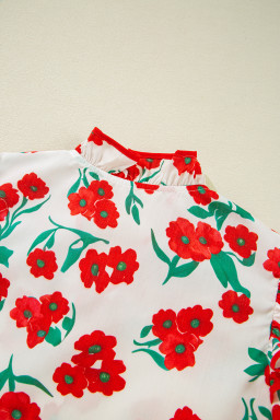 Red Floral Print Ruffle Puff Sleeve Summer Shirt