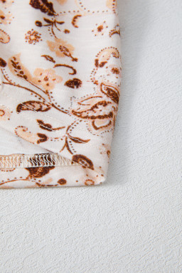 Khaki Boho Floral Print Half Placket Short Sleeve Loose Blouse