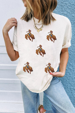 White Rodeo Sequins Patch Graphic Casual Round Neck Tee
