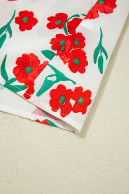 Red Floral Print Ruffle Puff Sleeve Summer Shirt