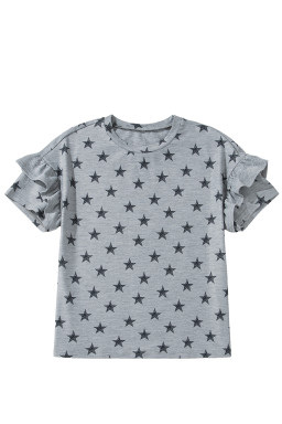 Gray Star Print Tiered Ruffle Sleeve Crew Neck T Shirt