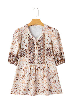Khaki Boho Floral Print Half Placket Short Sleeve Loose Blouse