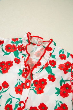 Red Floral Print Ruffle Puff Sleeve Summer Shirt