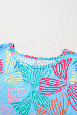 Sky Blue Bowknot Print Waffle Loose Tee