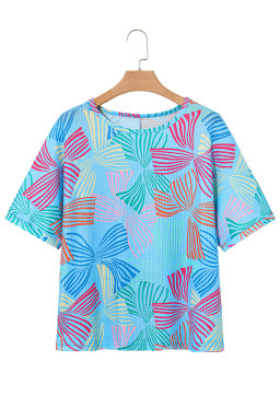 Sky Blue Bowknot Print Waffle Loose Tee