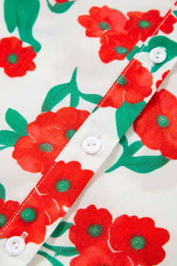 Red Floral Print Ruffle Puff Sleeve Summer Shirt