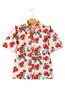 Red Floral Print Ruffle Puff Sleeve Summer Shirt