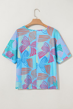 Sky Blue Bowknot Print Waffle Loose Tee