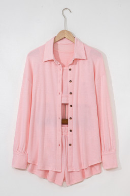 Light Pink Shirred Hem Crop Tank Top Loose Shorts Cardigan 3 Piece Pajama Set