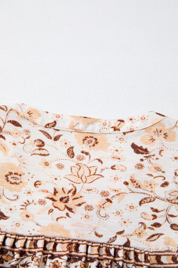 Khaki Boho Floral Print Half Placket Short Sleeve Loose Blouse