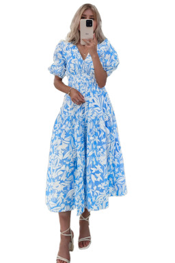Sky Blue Floral Print Deep V Neck Puff Sleeve Flowy Dress