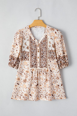 Khaki Boho Floral Print Half Placket Short Sleeve Loose Blouse