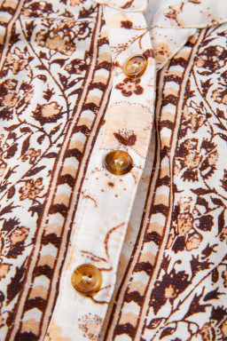 Khaki Boho Floral Print Half Placket Short Sleeve Loose Blouse