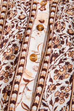 Khaki Boho Floral Print Half Placket Short Sleeve Loose Blouse