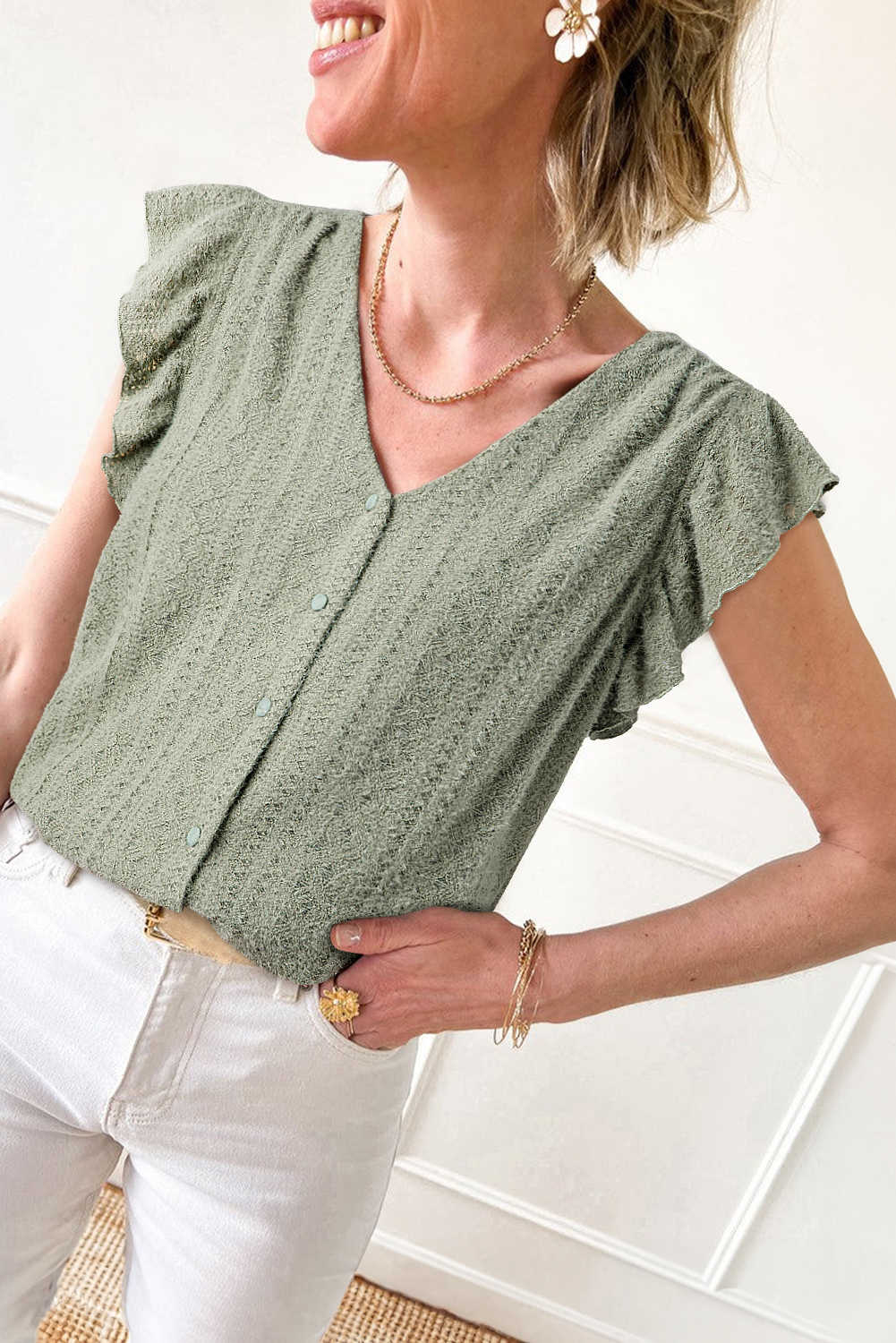 Laurel Green Flutter Sleeve V Neck Shirt
