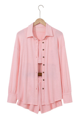 Light Pink Shirred Hem Crop Tank Top Loose Shorts Cardigan 3 Piece Pajama Set