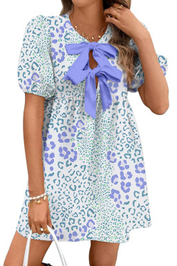 Sky Blue Leopard Bow Front Puff Sleeve Mini Dress