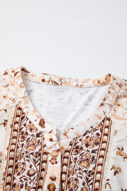 Khaki Boho Floral Print Half Placket Short Sleeve Loose Blouse