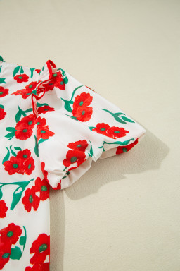 Red Floral Print Ruffle Puff Sleeve Summer Shirt