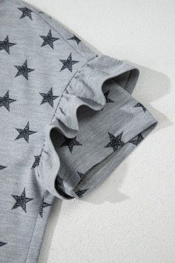 Gray Star Print Tiered Ruffle Sleeve Crew Neck T Shirt