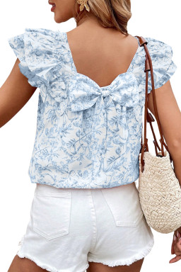 Sky Blue Floral Ruffle Short Sleeve Bow Back Blouse