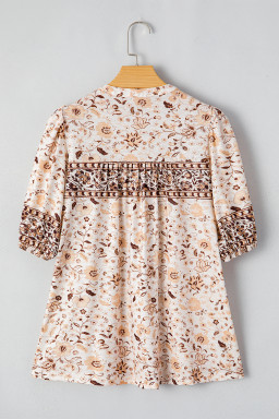 Khaki Boho Floral Print Half Placket Short Sleeve Loose Blouse