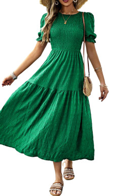 Dark Green Solid Textured Shirred High Waist Midi Dress