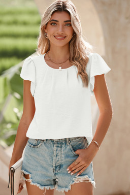 White Flounce Sleeve Pleated Textured Blouse