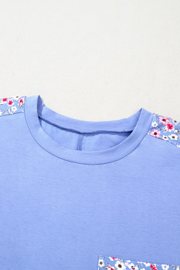 Sky Blue Floral Patchwork Chest Pocket Plus Size T Shirt