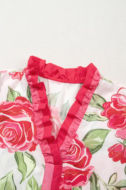 Rose Plus Size Floral Print Frill Neck Short Sleeve Blouse