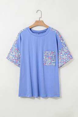 Sky Blue Floral Patchwork Chest Pocket Plus Size T Shirt