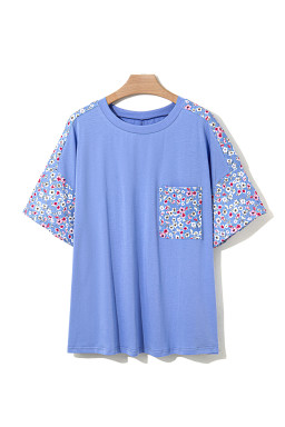 Sky Blue Floral Patchwork Chest Pocket Plus Size T Shirt